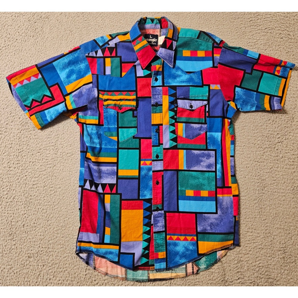 Vintage Wrangler Western Shirt Mens Large Multi Color Geometric Block Print 90s - Picture 2 of 9